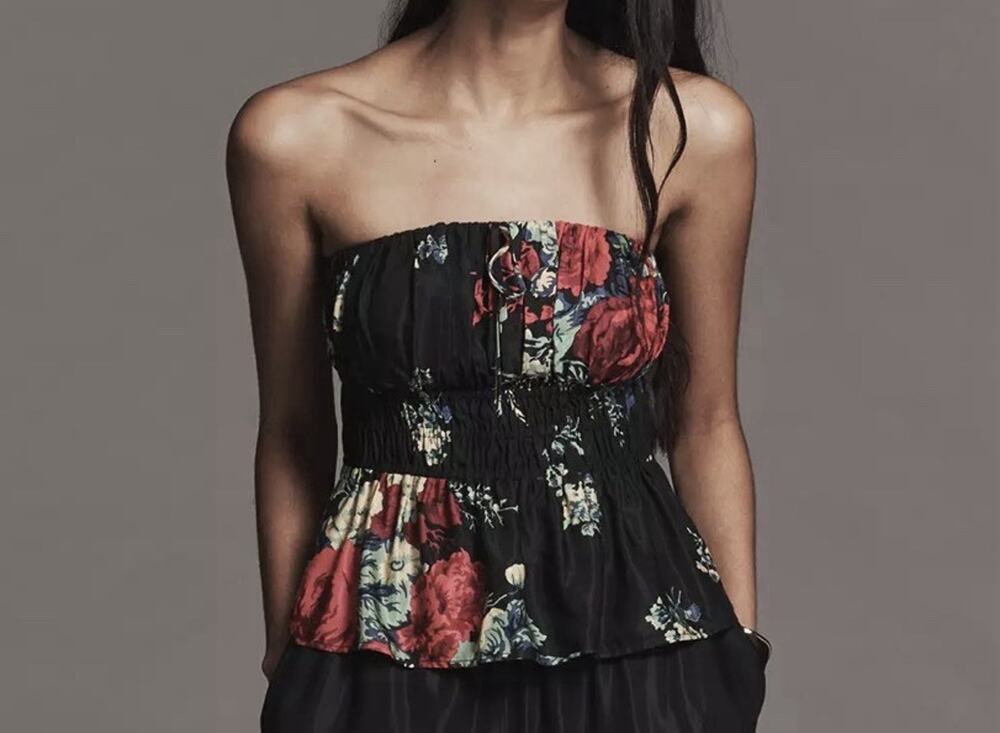Anthropologie Somerset Strapless Blouse Black Floral Size S NWT